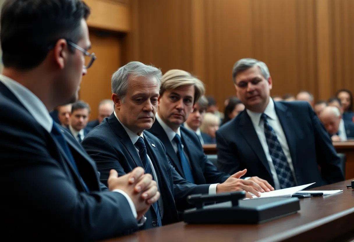 Legal professionals in a courtroom discussing strategy for a high-profile trial.