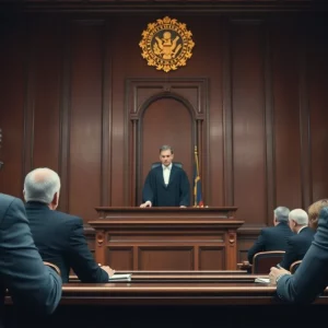 Courtroom with legal professionals during a tense trial.