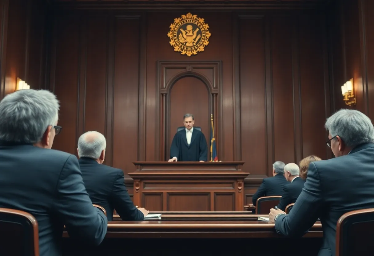Courtroom with legal professionals during a tense trial.