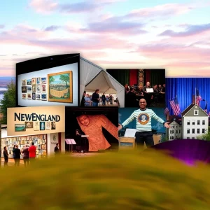 A lively scene representing cultural events in New England including art, literature, and music.
