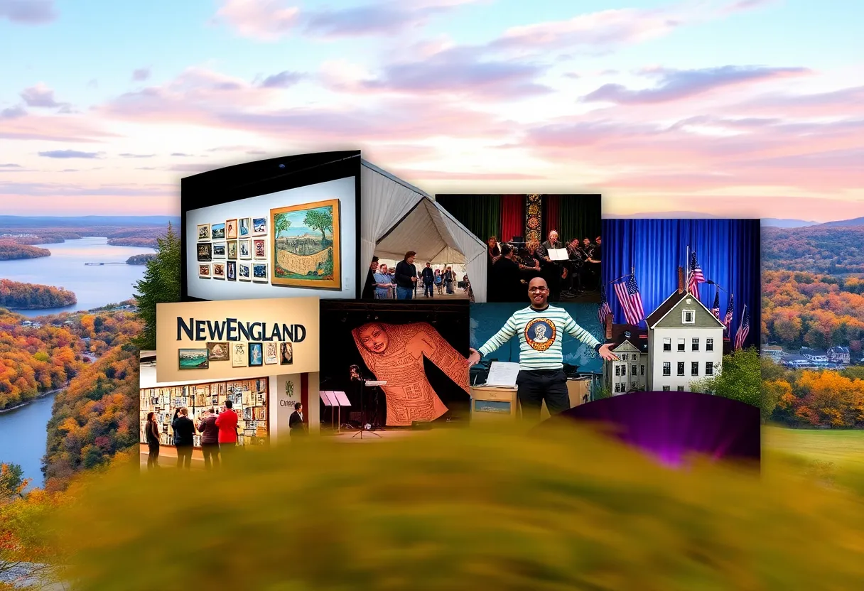 A lively scene representing cultural events in New England including art, literature, and music.