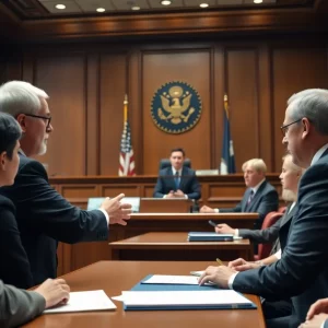 Courtroom scene representing a class action lawsuit against an educational institution.