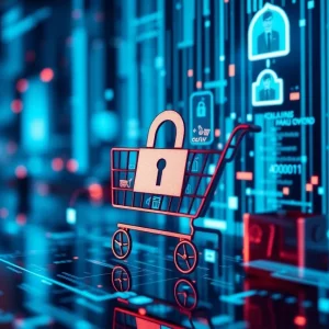 Abstract representation of cyber crime and fraud in online shopping.