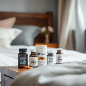 Dreamt sleep products including hemp-infused gummies and tinctures placed on a bedside table in a calming bedroom.