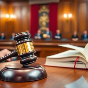 Courtroom setting with legal items and a judge's gavel.