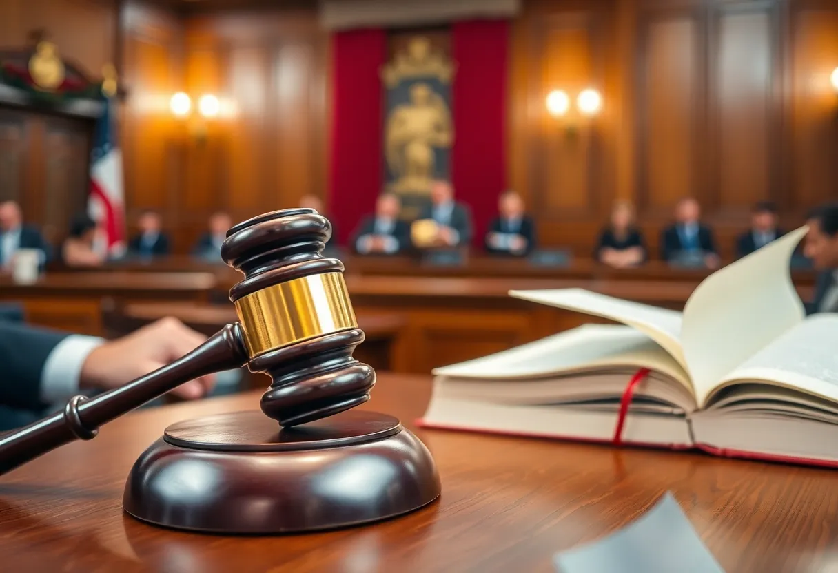 Courtroom setting with legal items and a judge's gavel.