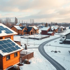 Winter landscape of energy-efficient homes with solar panels and heat pumps