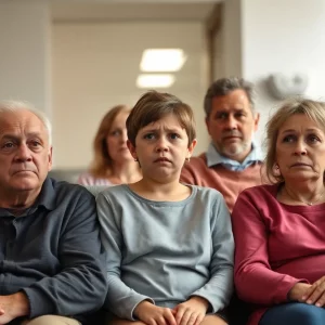 Concerned family in a hospital waiting room regarding healthcare issues.
