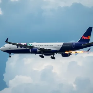 FedEx cargo plane showing visible fire from engine during emergency landing