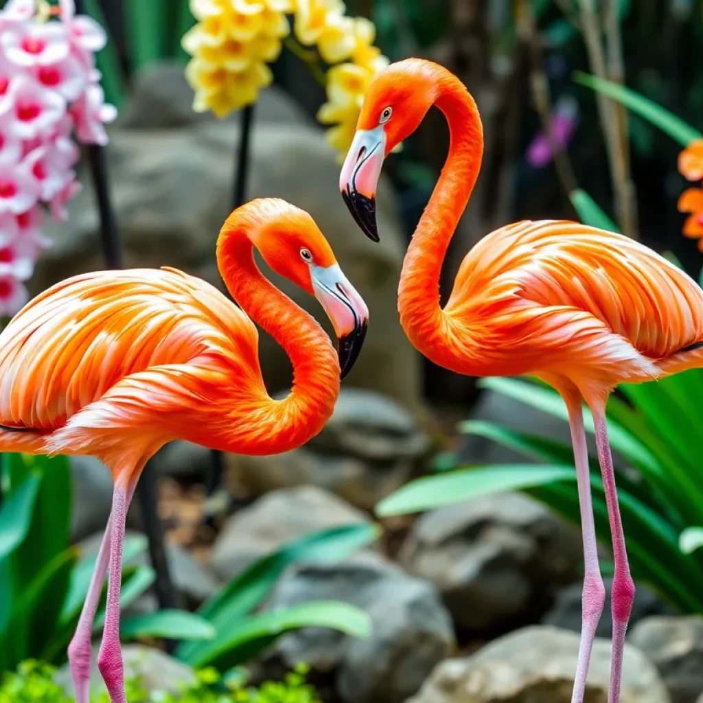 Caribbean flamingos performing courtship rituals in a zoo