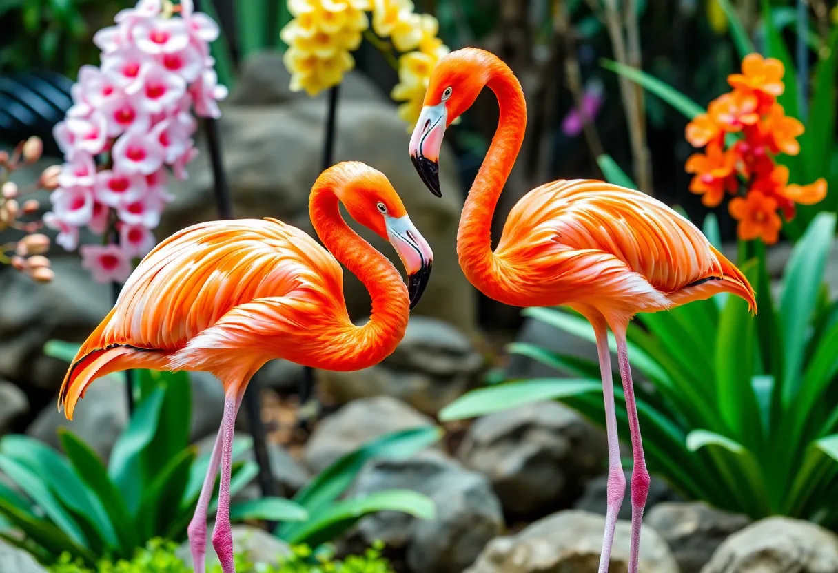 Caribbean flamingos performing courtship rituals in a zoo