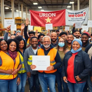 Workers at Freetown distribution center celebrating a new union agreement.
