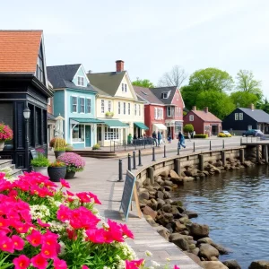 Charming coastal village in Greater Boston during spring with vibrant flowers and waterfront shops