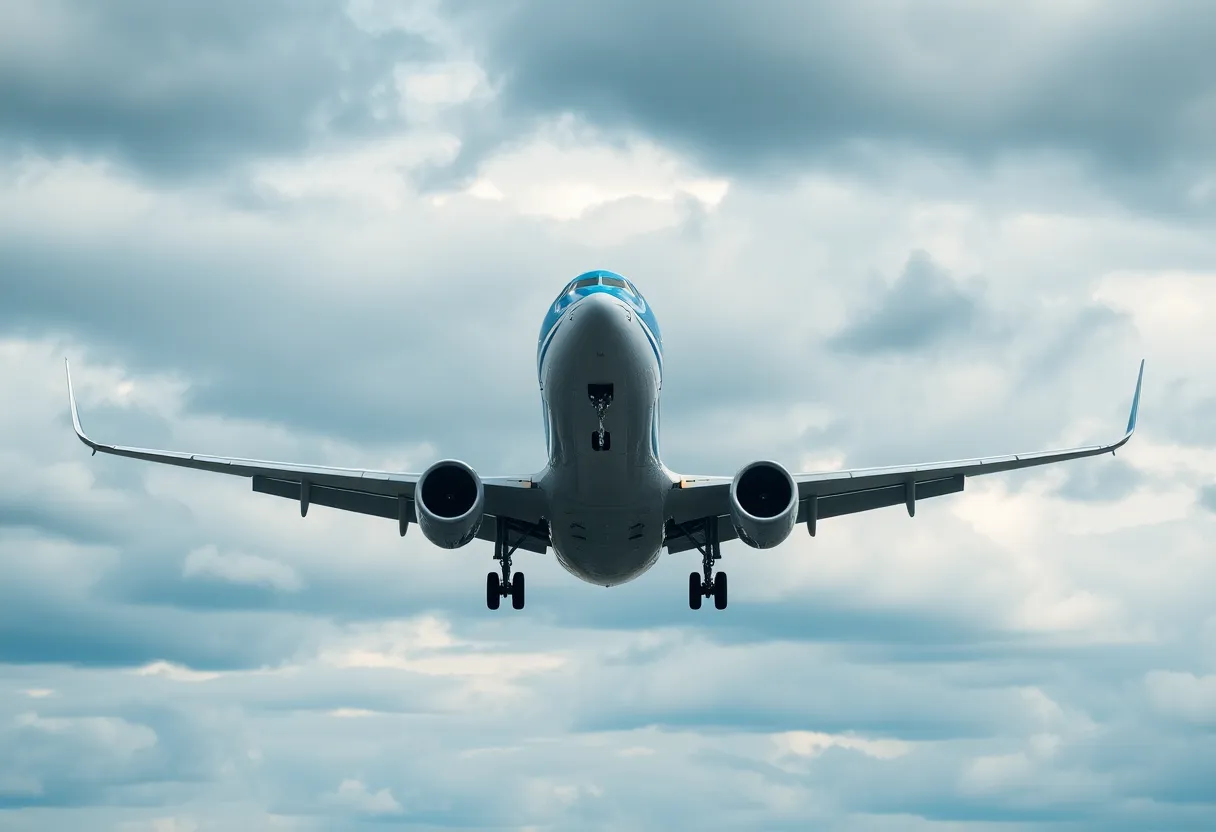 JetBlue airplane in the sky approaching a runway at Boston Logan Airport.
