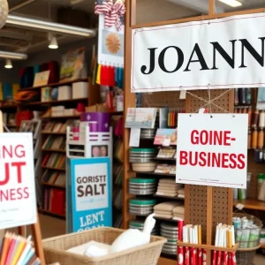 Joann craft store display with sale signs