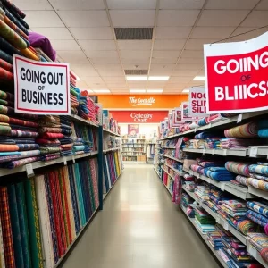 Aisle of a Joann Fabric store with sale signs