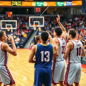 Keene State basketball team celebrating a victory on the court