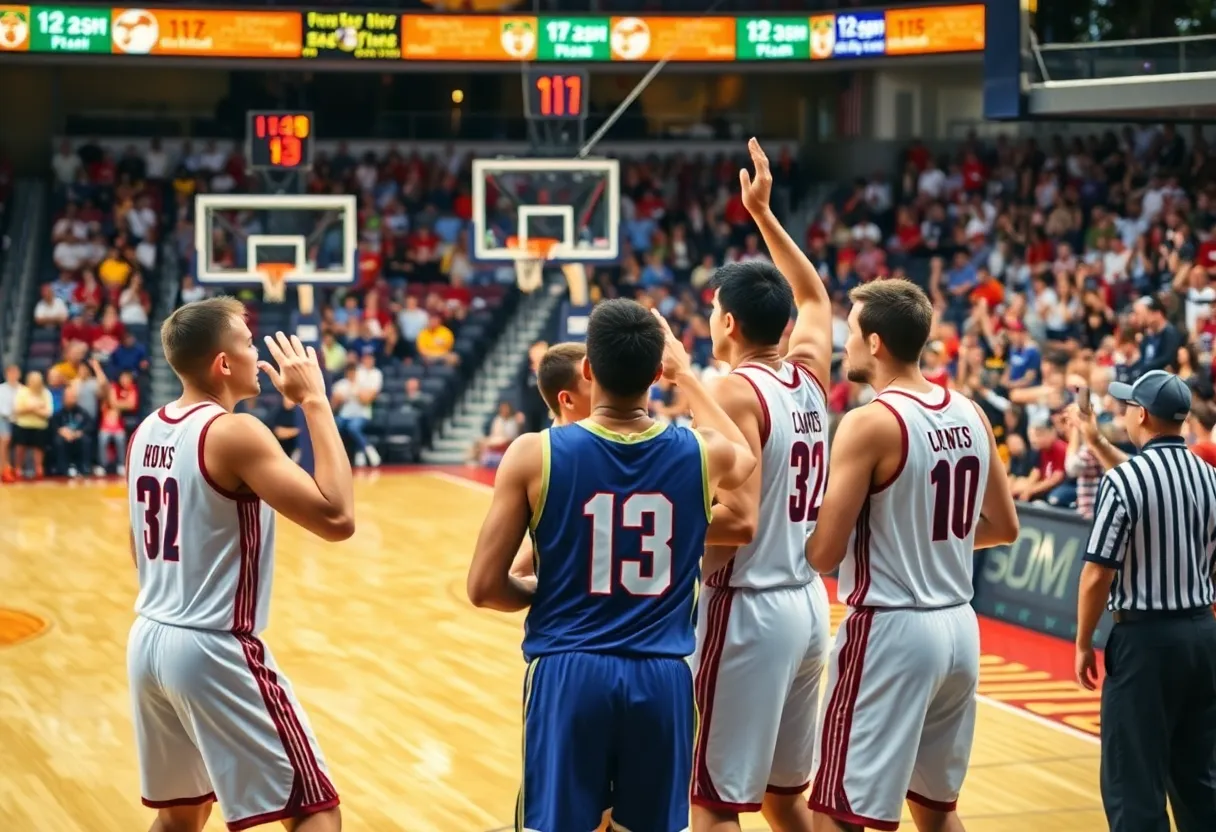 Keene State basketball team celebrating a victory on the court