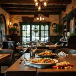 Interior view of Little Sage restaurant showcasing wooden tables and Italian cuisine.