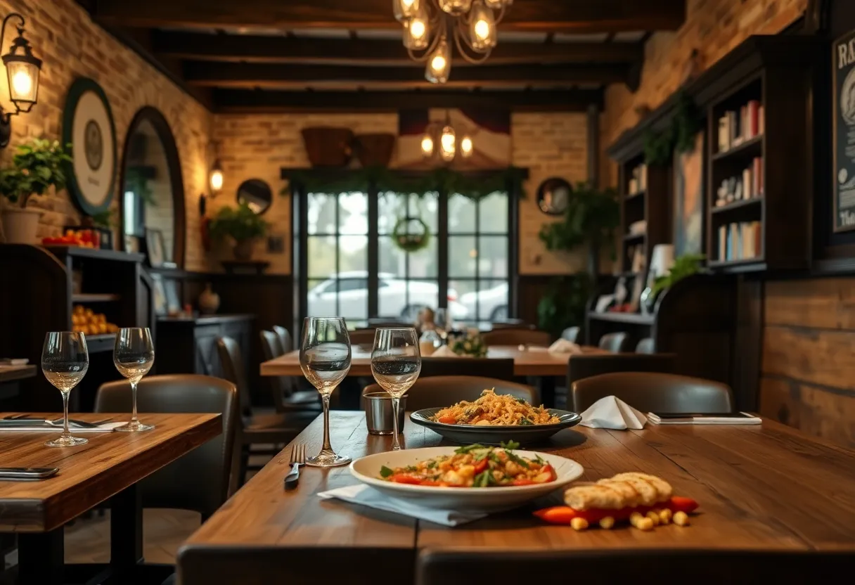 Interior view of Little Sage restaurant showcasing wooden tables and Italian cuisine.