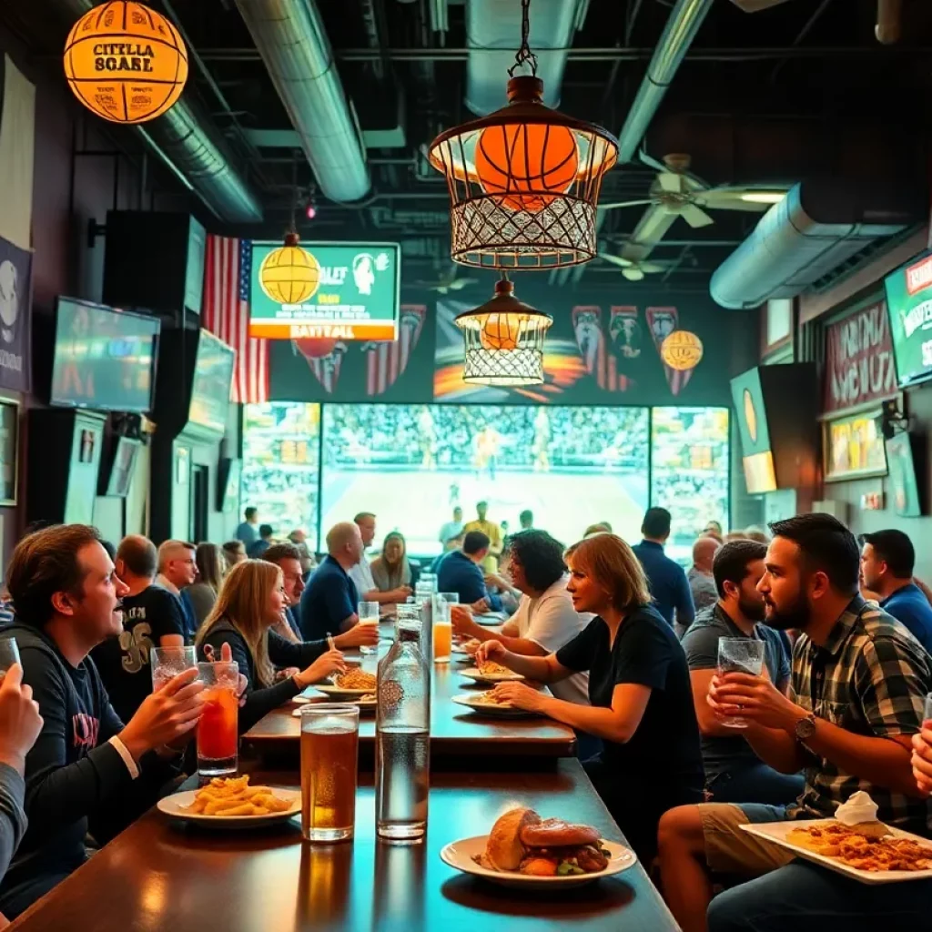 A group of friends enjoying March Madness at a Boston bar with food and drinks.