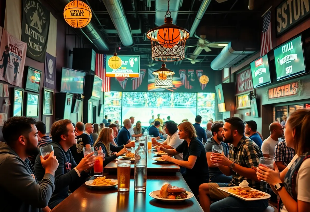 A group of friends enjoying March Madness at a Boston bar with food and drinks.