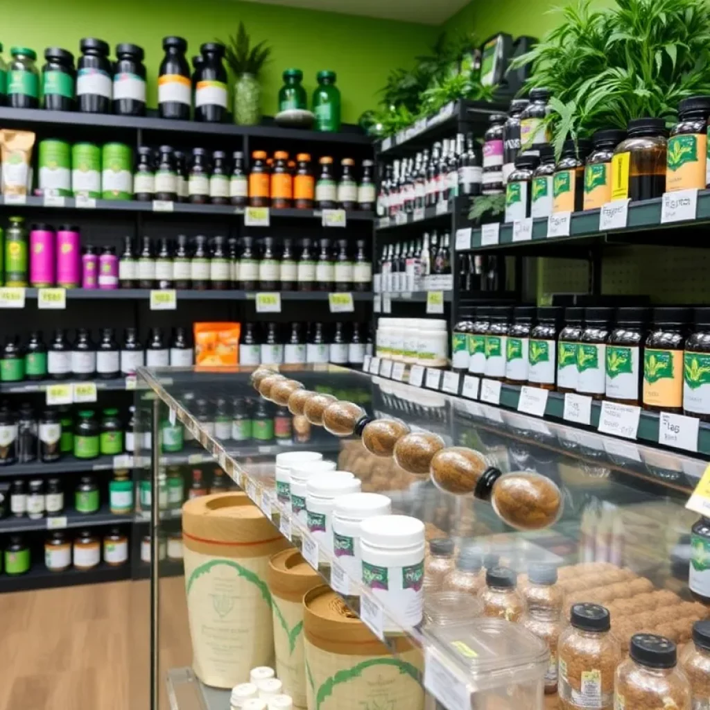 A vibrant cannabis dispensary with various products on display, reflecting the current price trends in Massachusetts.
