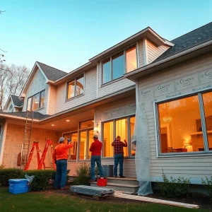 Workers installing energy-efficient renovations on a Massachusetts home