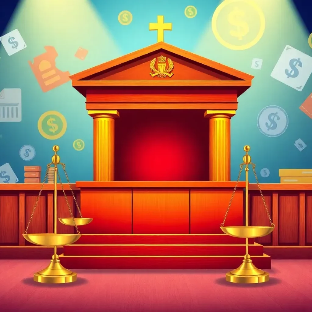 Courtroom scene representing financial regulation and innovation