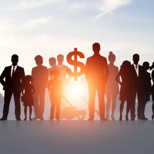 Abstract representation of pay equity with diverse silhouettes and currency symbols.