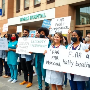 Healthcare professionals rallying for fair compensation outside a hospital