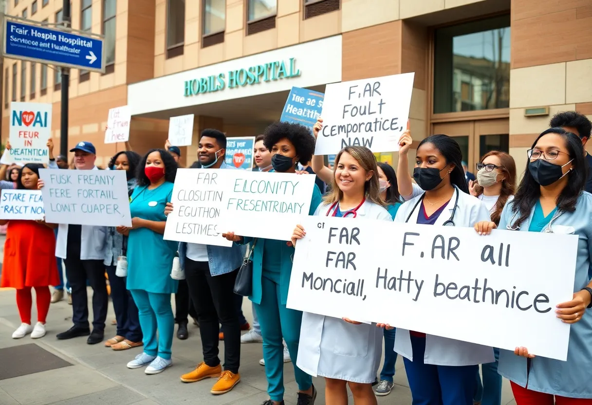 Healthcare professionals rallying for fair compensation outside a hospital