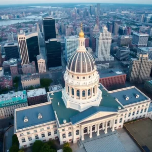 Aerial view of the Massachusetts State House amidst a financial district.