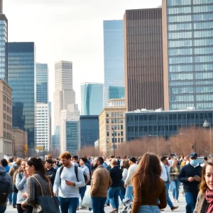 A cityscape of Massachusetts displaying job seekers and employment resources.