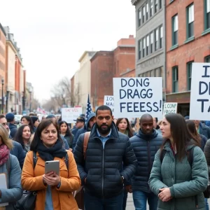 Massachusetts residents protesting against new prescription drug tax