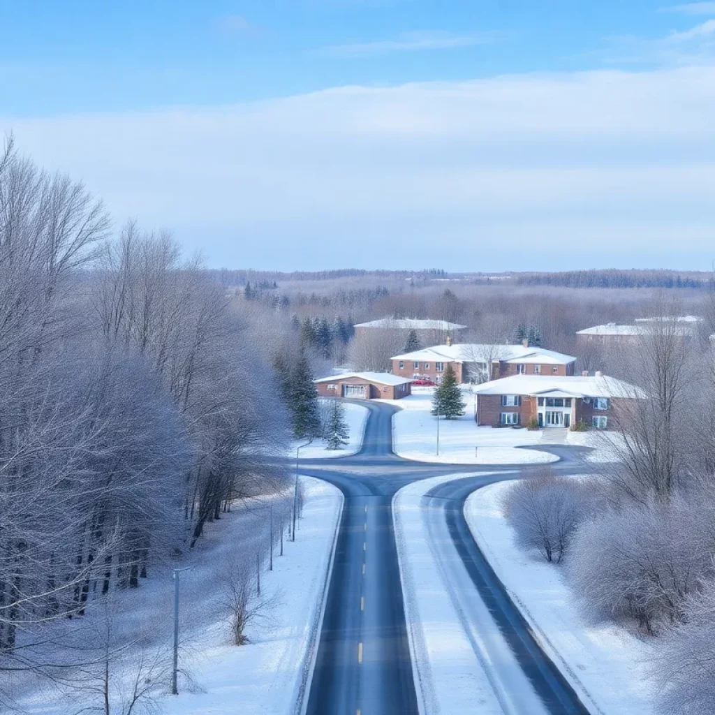 Snow-covered trees and a school building in Massachusetts during winter
