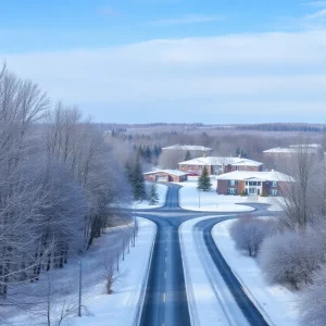 Snow-covered trees and a school building in Massachusetts during winter
