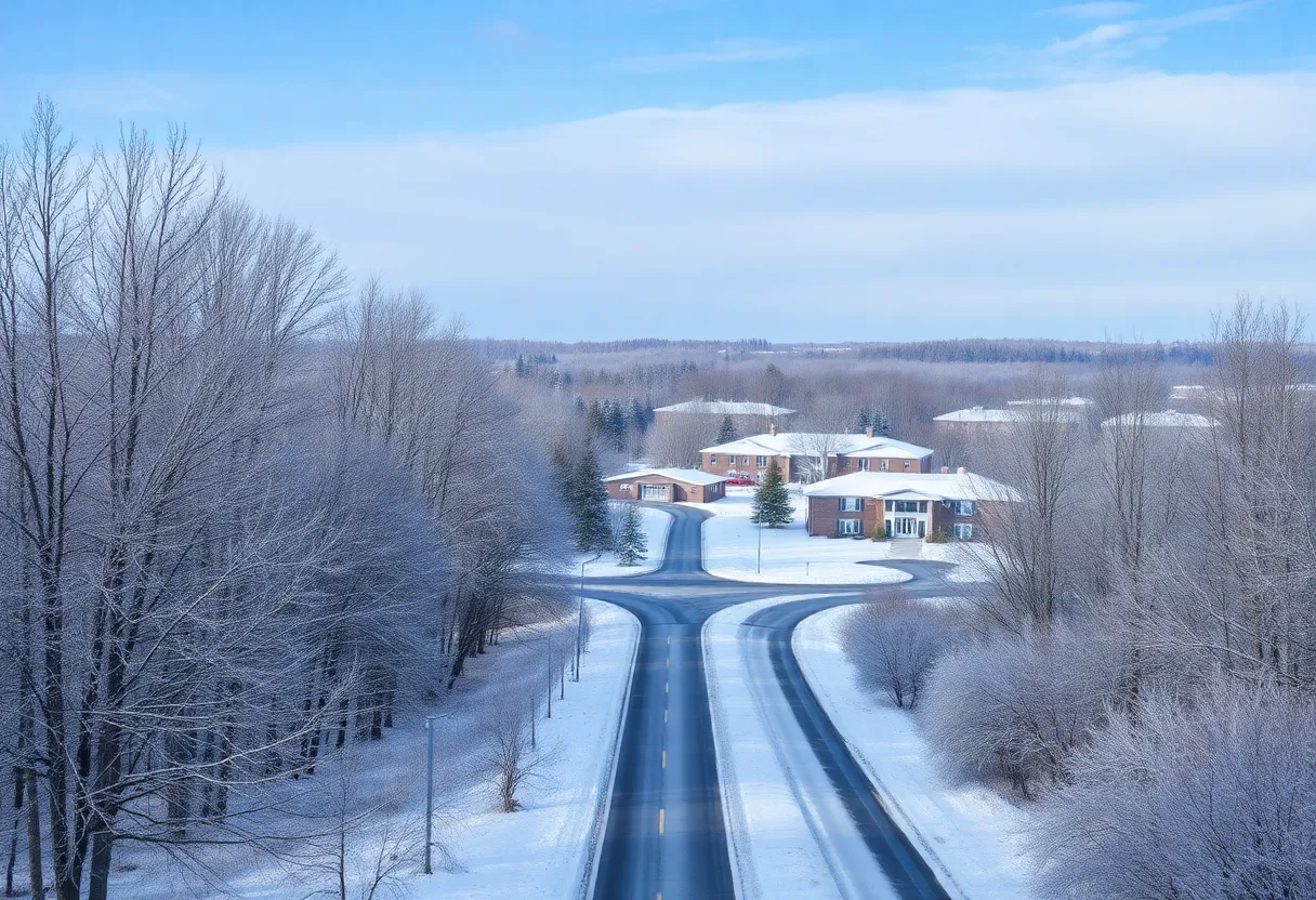 Snow-covered trees and a school building in Massachusetts during winter