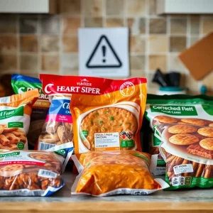 Frozen meals from Nestlé USA on display, some marked for recall due to safety concerns.
