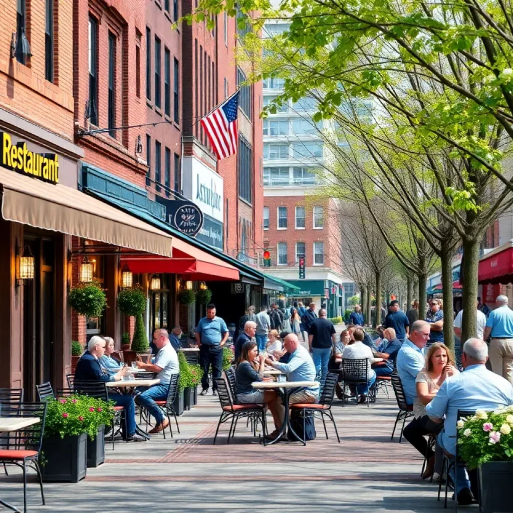 A lively outdoor dining scene at new restaurants in Boston during spring.
