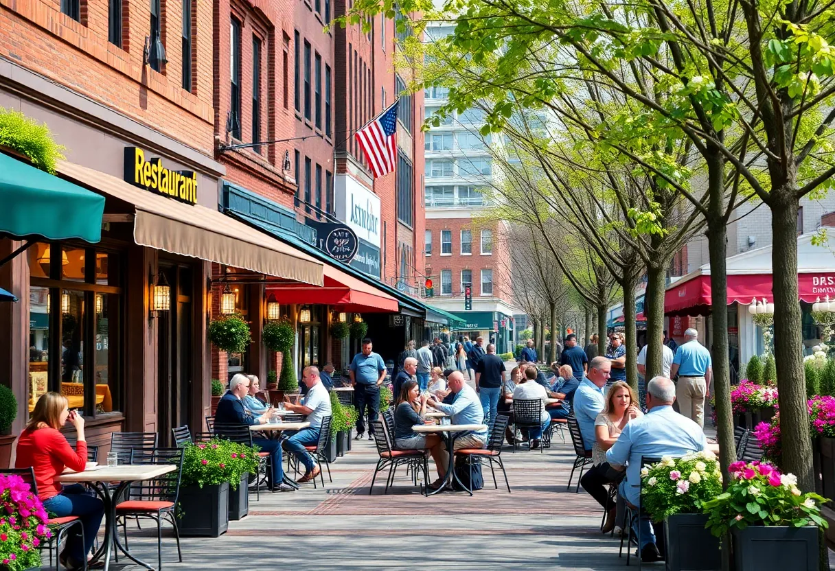 A lively outdoor dining scene at new restaurants in Boston during spring.