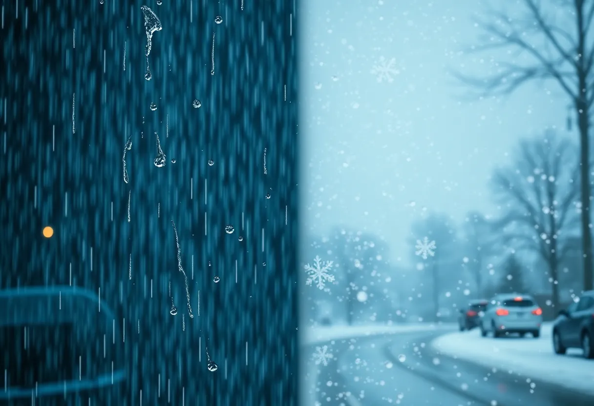 A split image depicting rain and snow in New England weather.