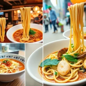 A variety of noodle dishes from different restaurants in Greater Boston, featuring colorful presentations.