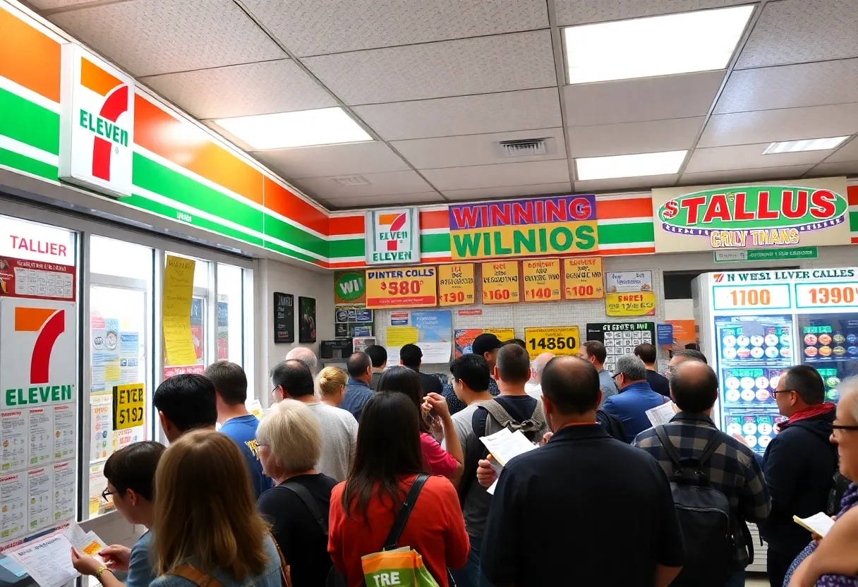 Customers celebrating at a 7-Eleven store after a Powerball jackpot win.