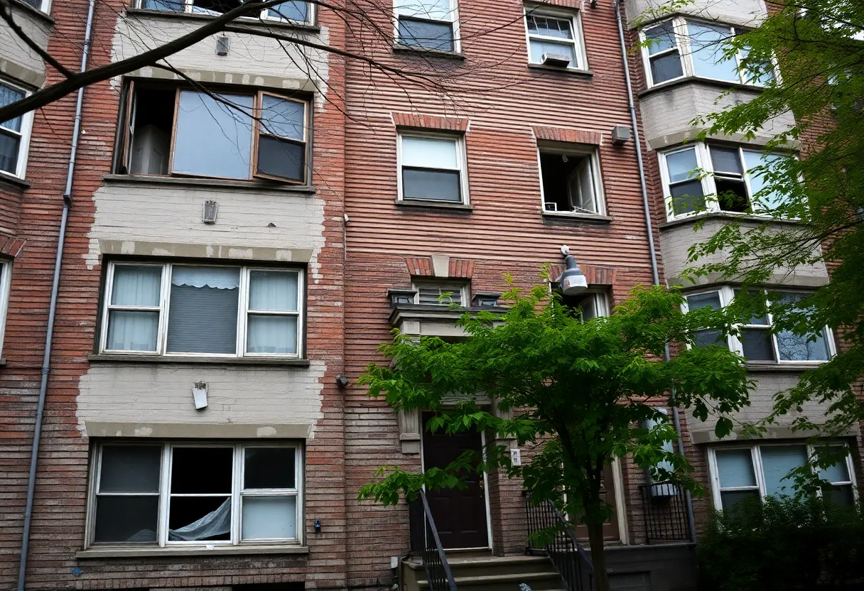 Exterior view of a deteriorating public housing building in Boston
