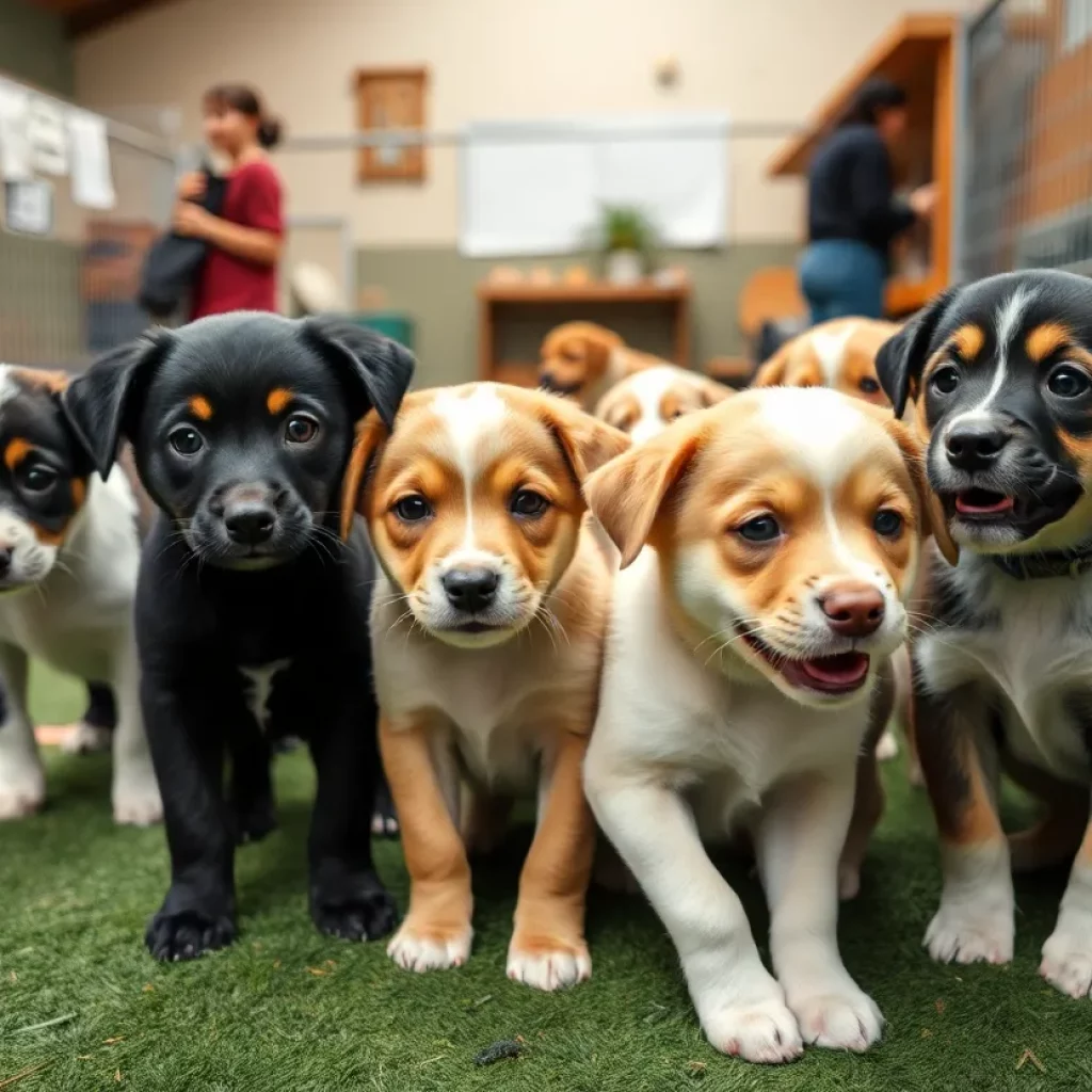 A group of playful puppies at a shelter looking hopeful for adoption.