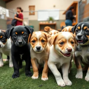 A group of playful puppies at a shelter looking hopeful for adoption.