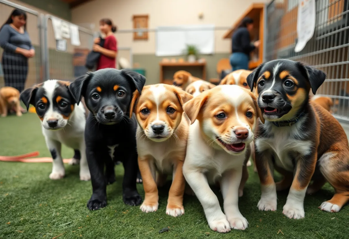 A group of playful puppies at a shelter looking hopeful for adoption.