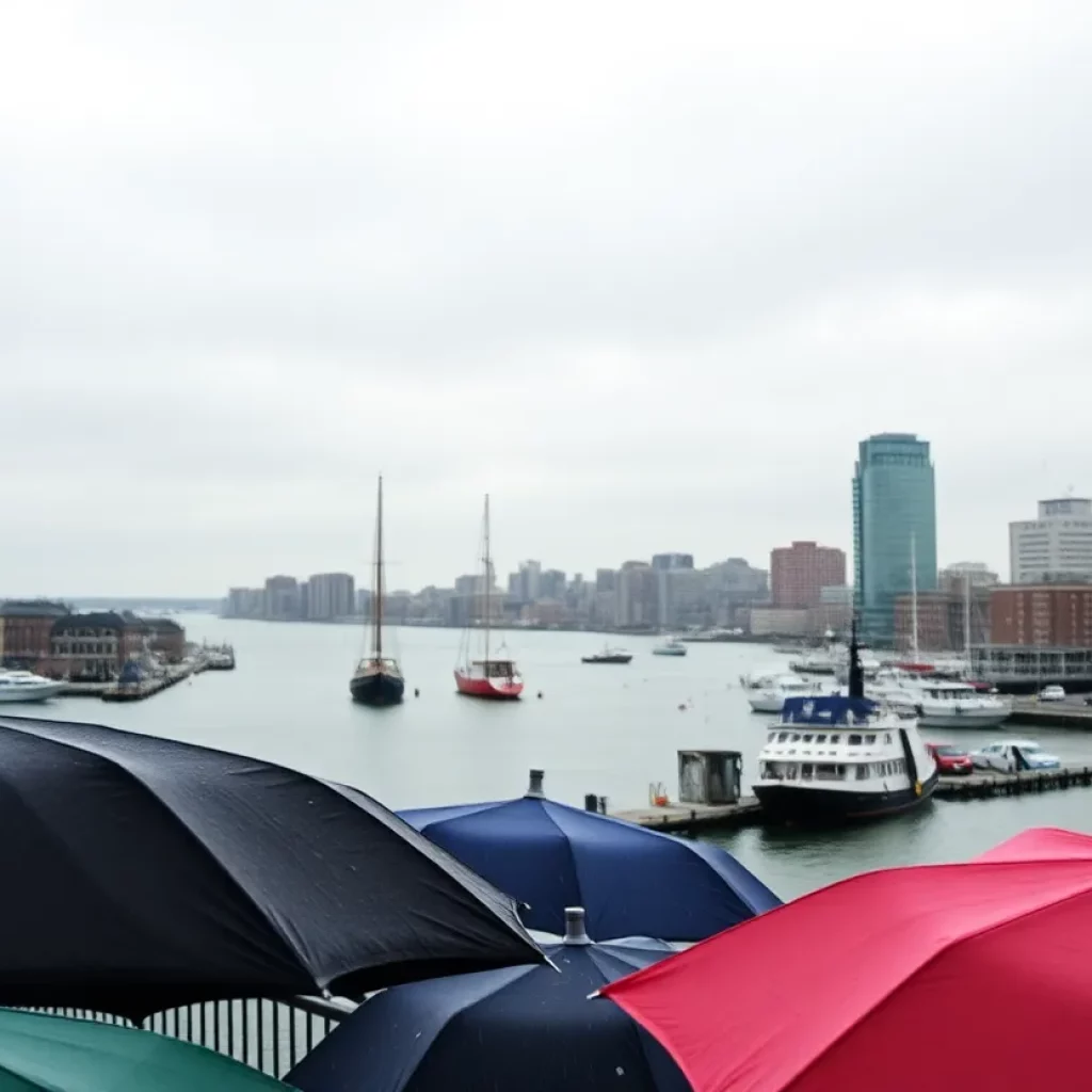 A view of Boston harbor during a rainy day with umbrellas.