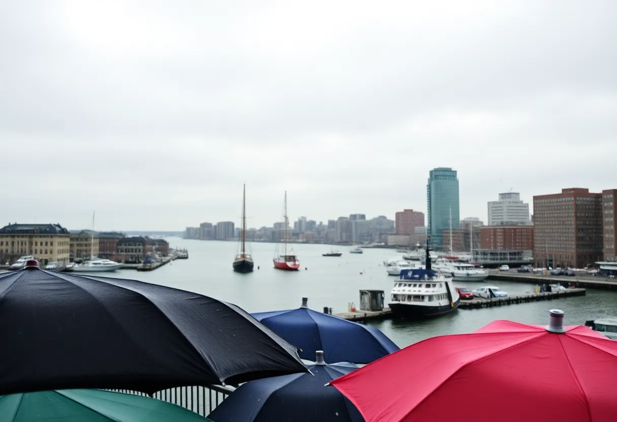 A view of Boston harbor during a rainy day with umbrellas.